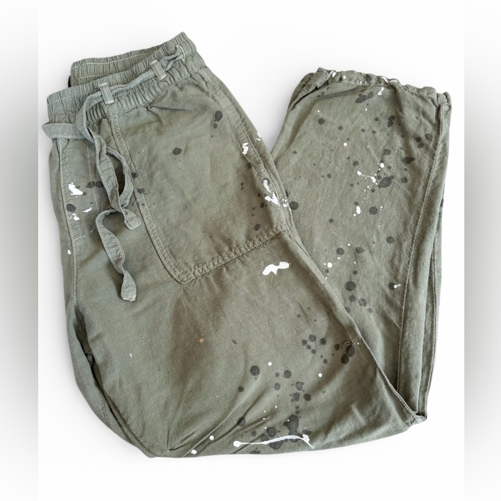 NSF‎ Splatter Paint Olive Green Linen Crop Pull On Pants Women's Size Small